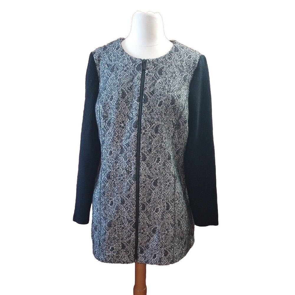 Karl Lagerfeld Paris Womens Jacket Sz LG Black White Zipper Up‎ Floral Tunic